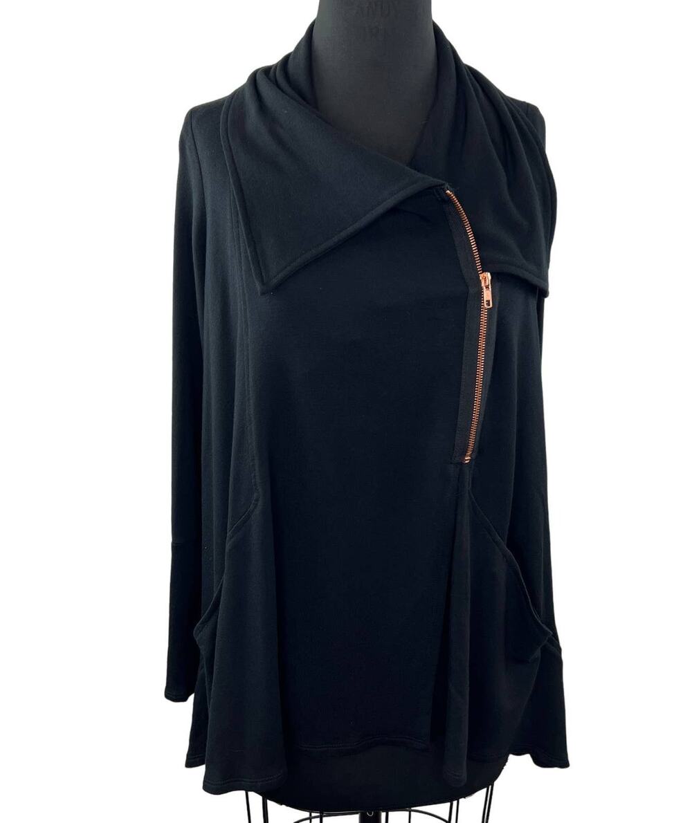 NEW TEREZ Black Foldover Collar 1/2 Zip Sweater Zipper Hem Tunic Jacket USA S